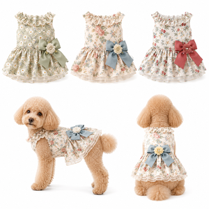 High-End Floral Print Cotton Pet Dress Ruffle Neck Multi Color Bow Flower Tulle <b>Small</b> <b>Dog</b> Cat Summer Wedding Bridal Outfit - Product Image 1