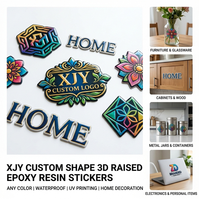 XJY Custom 3D Epoxy Resin Raised Stickers, Waterproof UV Printed Die Cut Dome Stickers for Home Decoration and Branding Use