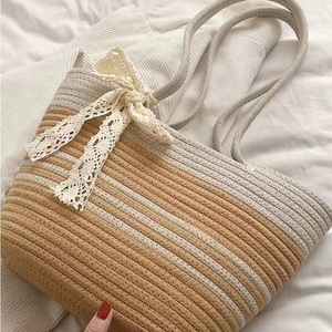 Large capacity woven <b>bag</b>, Korean style, shoulder <b>bag</b>, cotton thread, handbag, lace, <b>straw</b> woven <b>bag</b>, color-blocked beach <b>bag</b>, - Product Image 2