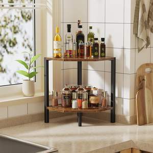 Étagère <span class=keywords><strong>d</strong></span>'<span class=keywords><strong>angle</strong></span> à deux niveaux, bibliothèque <span class=keywords><strong>d</strong></span>'<span class=keywords><strong>angle</strong></span> multifonctionnelle, étagère de présentation verticale <span class=keywords><strong>d</strong></span>'<span class=keywords><strong>angle</strong></span>, adaptée à la cuisine, à la chambre à coucher, couleur marron campagnard - Product Image 4