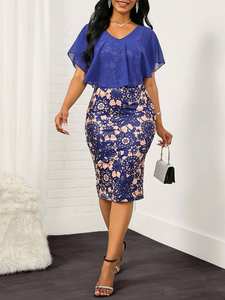 महिलाओं के सुरुचिपूर्ण कपड़ों के निर्माता ने हम क्रॉकेट लेस डिजाइन रूफल्ड प्रिंट स्लिम फिट वी-गर्दन आकस्मिक पोशाक - Product Image 2