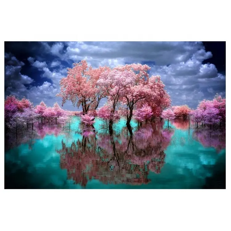Ever Moment-pintura de diamante artesanal, paisaje de lago, árbol rosa, reflexión, 3F682