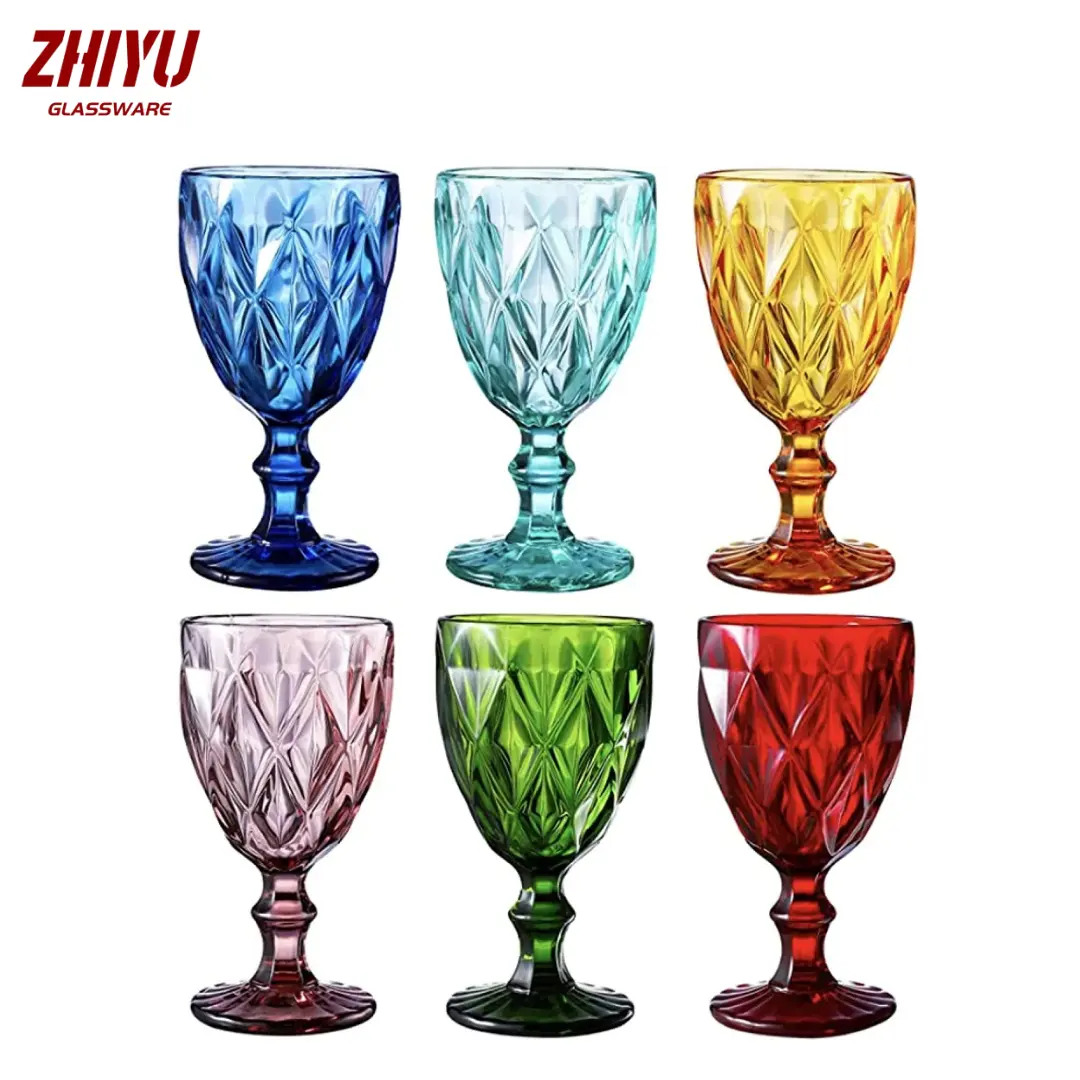 Factory Supplied Top Quality Colored Glass Drinkware 9 Ounce Water Glasses Multi Color Diamond Pattern Goblet Wedding Glass