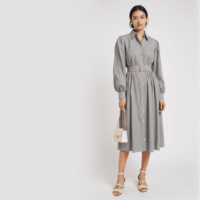 Robe chemise midi élégante pour femme, en coton teint en fil, à rayures, manches longues, ceinturée, avec col contrastant