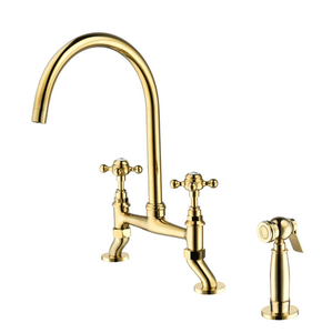 حنفية مطبخ نحاسية ذهبية بتصميم تراثي بمقبضين ومسافة 8 بوصات مع رشاش جانبي - Product Image 1