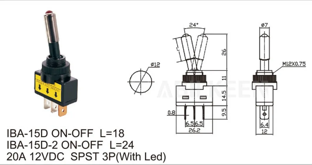 3-पिन टर्मिनल और डॉट एलईडी इल्यूमिनेट कार मॉडिफिकेशन टॉगल स्विच के साथ एबिलकीन ऑन-ऑफ एम12 ऑटो रॉकर टॉगल स्विच