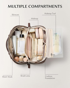 Sac de voyage de maquillage en gros pour femmes, en polyester marron texturé, avec fermeture éclair, portable, plusieurs compartiments, logo personnalisé - Product Image 2