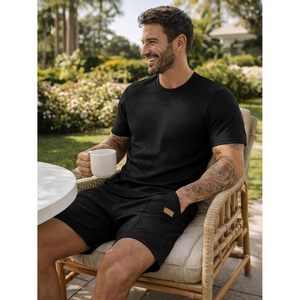 FOXA Men's 2 Piece Outfit Short Sleeve T Shirt And Shorts <b>Set</b> Breathable Polyester Summer Beach Workout Wear - Product Image 3