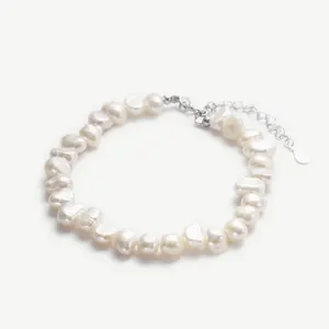 Chris April stack jewelry simple design 925 sterling silver irregular shape freshwater baroque pearl chain bracelet