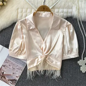 Summer Fashion V-Neck Fringed Panel Short Sleeve Shirt Satin Solid Color Tops Blouse For Women Ladies' Clothing Supplier