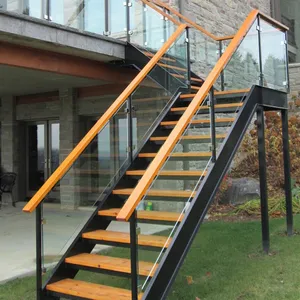 Indoor Outdoor House Stairs Wood Tread Stainless Steel Railing Glass Balustrade Staircase Design Prices