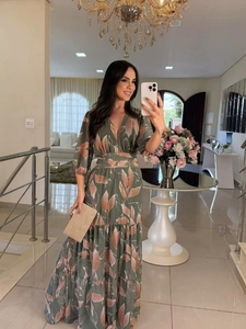 Nuovo Stile Estivo 2026: Abito Lungo Retrò con Stampa a Foglie e Scollo a V, Design Avvolgente in Vita per un Look Sottile ed Elegante - Set Abito da <span class=keywords><strong>Donna</strong></span> - Product Image 3