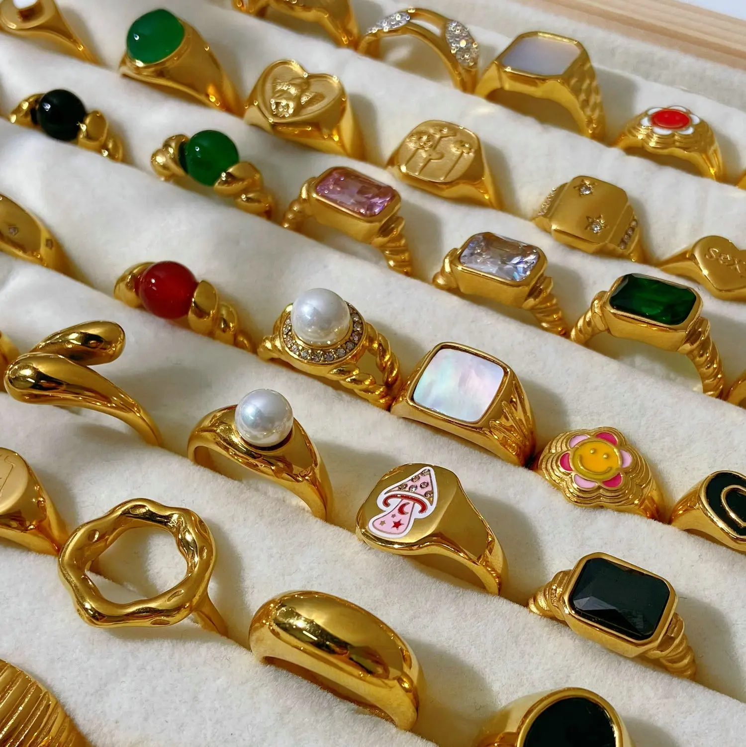 18K Gold PVD Plated 316L Edelstahl Ringe für klobige Finger Hochzeits rede Schmuck Muschel aus Süßwasser Perle Zirkon Ring