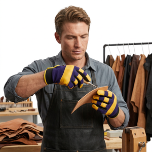 Gants de travail en cuir JNA GROUP jaunes et bleus, tricotés, avec poignet réglable, 11 oz, bouts des doigts lisses antidérapants, 26 cm, gants de sécurité - Product Image 5