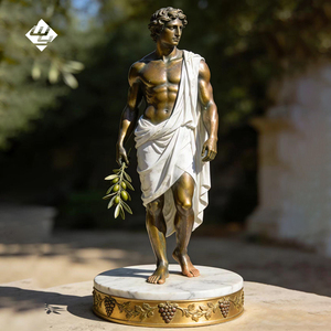 Sculpture de dieu masculin en bronze patiné antique avec base en marbre, branche d'olivier, décoration classique - Product Image 1
