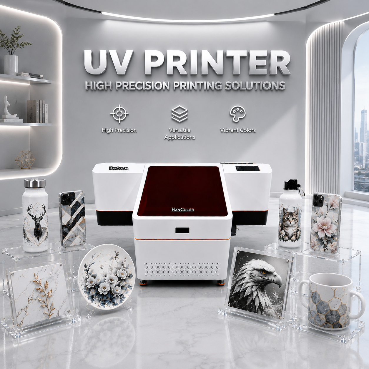 Flatbed UV Printer HC-6090VP - 6090 UV flatbed printer with vision positioning system for precise printing on curved items