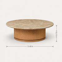 Table basse ronde en marbre de 60 pouces, pierre naturelle, style moderne minimaliste, base en bois beige, table de salon
