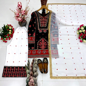 Magnifique ensemble de costume 3 pièces pour femmes, nouveau design, broderie lourde et travail de sequins, style palazzo, broderie élégante, idéal pour les soirées. - Product Image 1