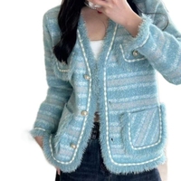 Cárdigan elegante a rayas con cuello en V para mujer, ropa de invierno informal de diseño antiarrugas de un solo pecho de alta calidad con bolsillos