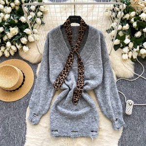 Abito Vintage da <span class=keywords><strong>Donna</strong></span> Elegante a Maglione <span class=keywords><strong>Corto</strong></span> Pullover con Scollo a V Laccio Manica Lunga e Cintura in Vita - Product Image 2