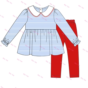 Ensemble tunique leggings pour enfants monogramme Ensemble de vêtements à col automne-<span class=keywords><strong>hiver</strong></span> pour petite fille Vêtements à manches longues en coton rayé - Product Image 6