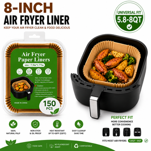 Papiers de cuisson pour friteuse à air, 150 pièces, carrés de 8 pouces, jetables, papier sulfurisé épais 38 g/m², approuvé par la FDA pour les friteuses de 5,8 à 8 QT - Product Image 1
