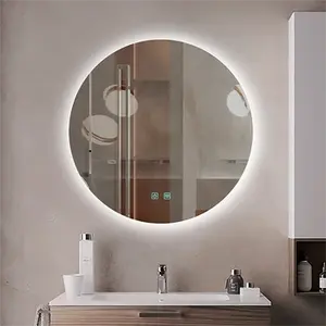Grosir gaya modern bulat LED defogger pembesar tampilan waktu vanity kamar mandi cermin dinding pintar dengan lampu LED