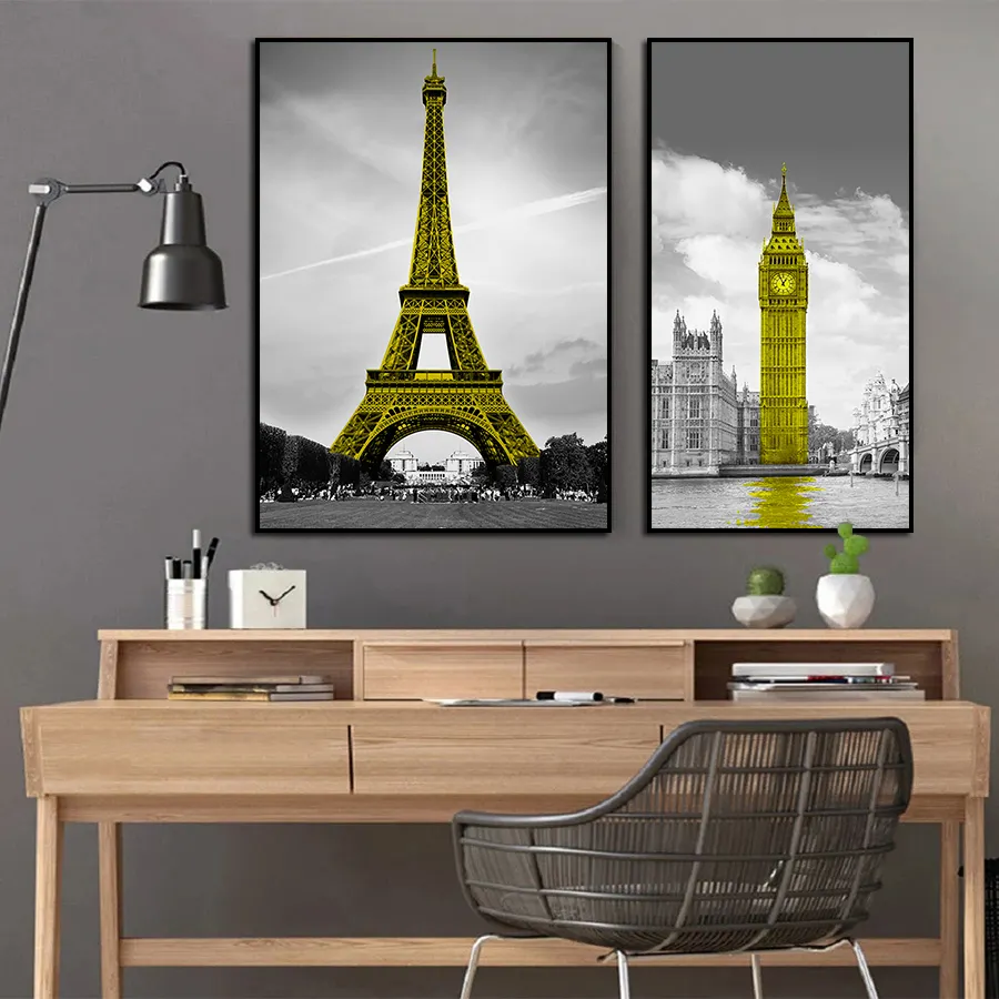 Nordic City Architecture Eiffel Tower and Bell Tower Travel Style Poster Photo Interior Living Room Luxury Decor Canvas Wall Art