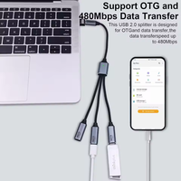 Kabel Splitter USB Type-C 3 in 1 dengan Jaket Nilon, Hub USB 2.0, Konverter OTG, Pengisian Cepat 3A, Transfer Data untuk Smartphone, Laptop, Tablet