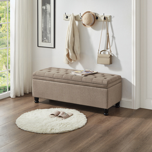 Panca contenitore imbottita trapuntata in tessuto di lino con gambe in legno - Product Image 3