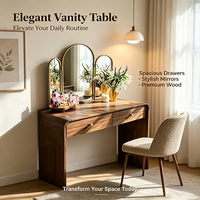 Table de toilette de style campagnard européen et américain en gros, avec miroir triple pliant à cadre doré et tiroirs en bois de noyer pour chambre à coucher