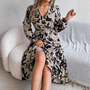 Abito casual a fiori con vita regolabile, maniche lunghe e volant, <span class=keywords><strong>abbigliamento</strong></span> femminile per il commercio estero - Product Image 4