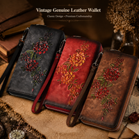 Dompet Kulit Asli Desain Vintage Wanita RFID Blocking Resleting Panjang Kapasitas Besar Dompet Panjang Bermerek dengan Logo Timbul