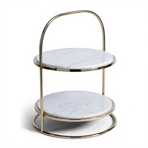 Soporte de Pastel de Dos Niveles de Mármol Blanco con Base de Metal Texturizado, Elegante Soporte para Exhibición de Pasteles y Postres para Bodas - Product Image 4