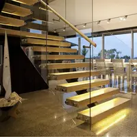 Интерьер моно лестница дизайн деревянный протектор лестница светодиодная подсветка стеклянные перила лестница