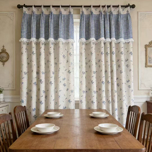 Custom French Country <strong>Curtains</strong> Blue <strong>Gingham</strong> Patchwork Floral Print Linen Drapes Vintage Lace Trim for Kitchen Bedroom - Product Image 1