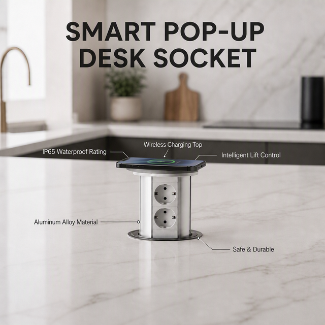 IP65 Industrial Use 6-Outlet Pop-up Tabletop Socket with 4 USB Type a Ports Tuya App Remote Control & Wireless Charging