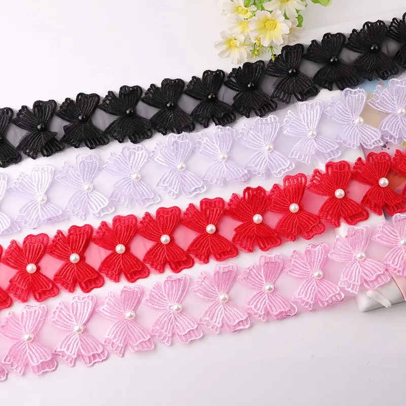 2022 New Style Baby Clothes Accessories Pearl Lace Colorful Double-layer Bow Decoration Organza Handmade Beaded Lace