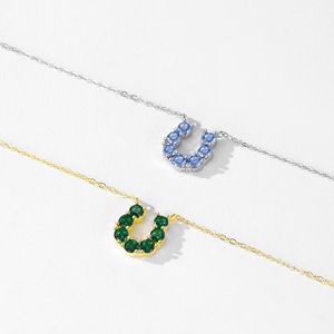Collar con colgante de herradura en forma de U, personalizable, versión cobre, con circonita azul de corte redondo, plata de ley S925, temática oceánica, para mujer - Product Image 4