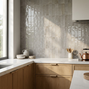 Carreaux <span class=keywords><strong>de</strong></span> céramique artisanaux gris doux Zellige style métro, épaisseur 8 mm, pour crédence <span class=keywords><strong>de</strong></span> cuisine rustique Wabi-sabi et appartement <span class=keywords><strong>de</strong></span> luxe - Product Image 1