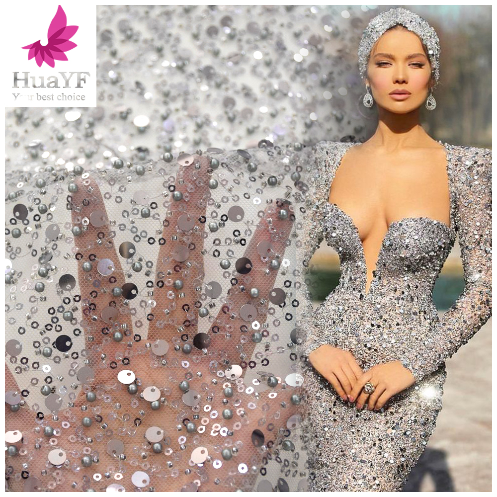 Crystal Sequins Bridal Luxury Embroidery Beads Wedding Tulle White Beaded Lace Fabric for 5 yards HY1544-5