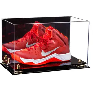 Heldere Acryl Basketbal Schoen Paar Vitrine Met Houten Basis Spiegel Achter Perspex Sneaker Vitrine Met Risers