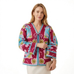 Floral Suzani Embroidered Women's Quilted <b>Wrap</b> Jacket V-Neck Regular Sleeve <b>Pink</b> Blue Green Cotton Spring Autumn Woven - Product Image 1