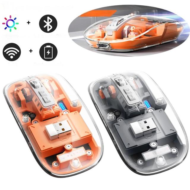 Wireless BT Transparent Mouse Double-Key 2400DPI Adjustable 2.4G/BT1/BT2 Rechargeable Battery Level Display Gaming Mice