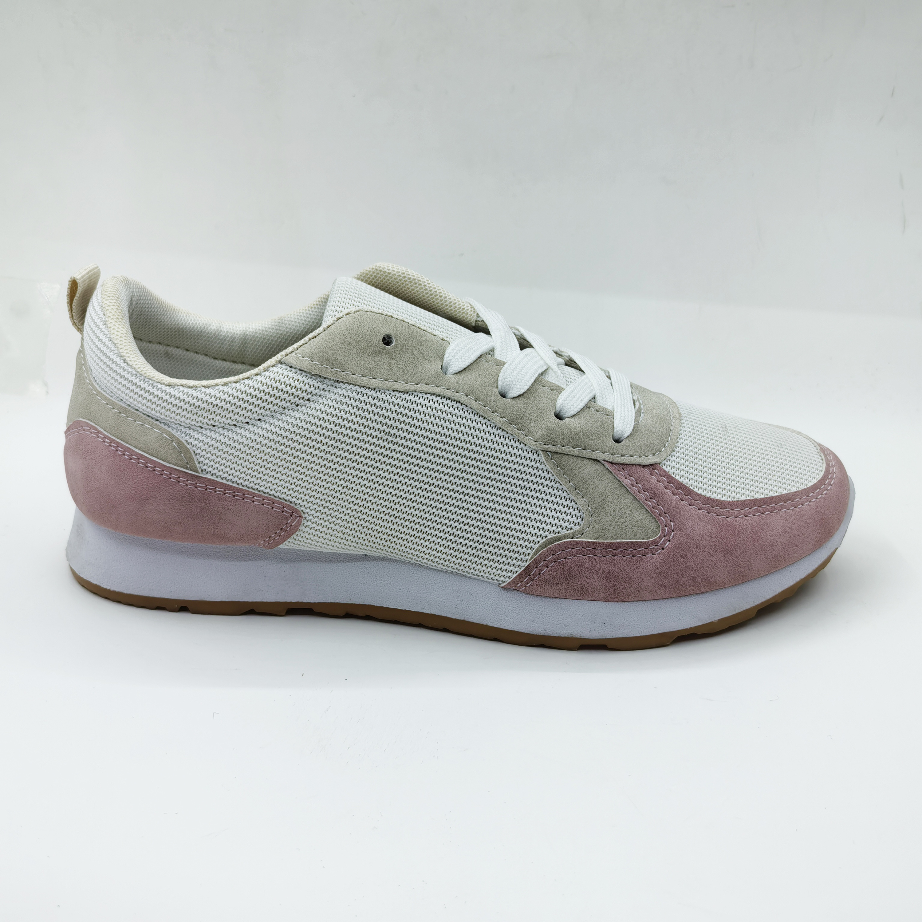 Women Beige Pink Casual Sneakers with Color Block Lace up Comfortable Athletic Footwear Sport Shoes