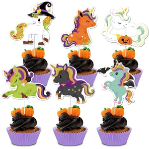 Atasan Cupcake pesta ulang tahun, 24 buah dekorasi Cupcake Halloween, tema Unicorn, hiasan Cupcake untuk pesta ulang tahun