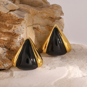 <b>Black</b> Triangular <b>Stud</b> <b>Earrings</b> 18k Gold Plated Stainless Steel Geometric Design Fashion Jewelry For Women - Product Image 3