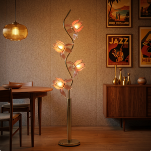 โคมไฟตั้งพื้นอะคริลิคสีชมพูรูปดอกบัว 4 หัว ปรับความสว่างได้ พร้อมเสาโลหะโค้งรูปตัว S สีทอง ฐานแข็งแรง เหมาะสำหรับโครงการโรงแรม - Product Image 2