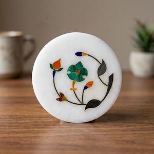 <b>White</b> Marble with Floral Pattern Tea Cup <b>Coaster</b> Set Round Shape with Agate 10 cm Diameter Good Price for Bulk Home Usage - Product Image 1