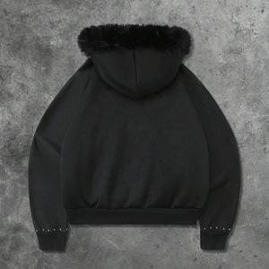 Custom Manufacturer Heavyweight 500gsm Oversized Hoodie Custom Rhinestone Graphic Print Zipper with Fur Collar Men's Hoodie - Product Image 2